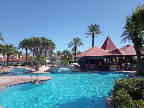 a pool at a resort with palm trees at Alojamiento con Piscina y chiringuito Denia in Denia