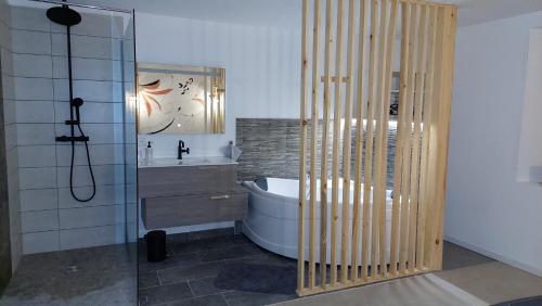 ein Badezimmer mit einer Dusche, einer Badewanne und einem Waschbecken in der Unterkunft maison en pierre avec balnéo entre Toul et nancy 