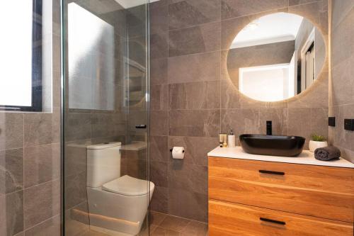 uma casa de banho com um WC, um lavatório e um espelho. em Secluded Bayside Oasis: BR w/ Spa-like BA em Parkdale