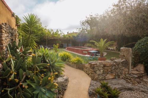 a garden with plants and a stone wall at Alma do Paço in Santo Isidoro