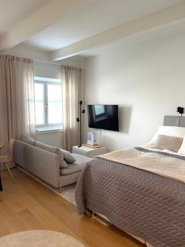 een slaapkamer met een bed, een bank en een televisie bij Kaunis huoneisto Turun Kakolassa in Turku