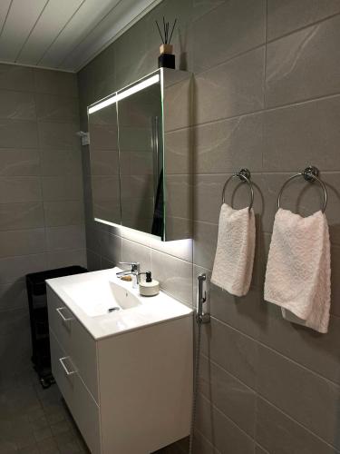 a bathroom with a sink and a mirror at Kaunis huoneisto Turun Kakolassa in Turku