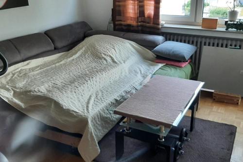 kanapę z kocem i stołem w salonie w obiekcie Private Rooms w Hanowerze