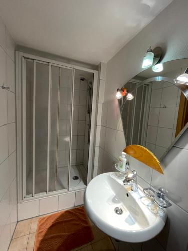 a bathroom with a sink and a shower at Hannover Apartment 6 Personen - Nähe Messe in Hannover