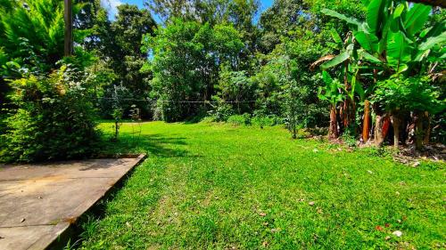 um campo verde com um banco de madeira na relva em Heritage Homestay em Chikmagalūr