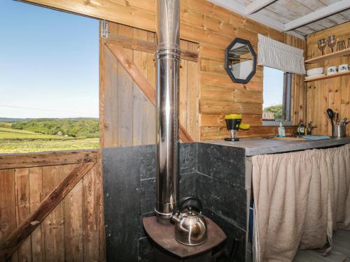a kitchen with a stove in a wooden cabin at The Snug in Dulverton
