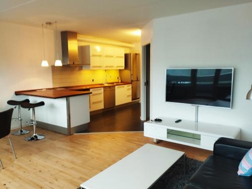 a living room with a couch and a kitchen with a flat screen tv at (Id 039) Rørkjærsgade 12 dor 209 in Esbjerg