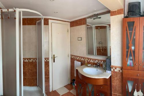 La salle de bains est pourvue d'un lavabo et d'une douche. dans l'établissement CASCO VIEJO, à Bermeo