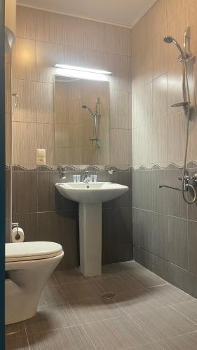 a bathroom with a sink and a shower and a toilet at Argo Hotel in Ureki