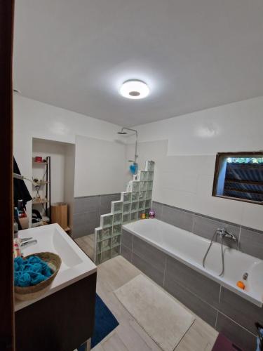 a large bathroom with a tub and a sink at La ferme des Demoiselles in Sarrians