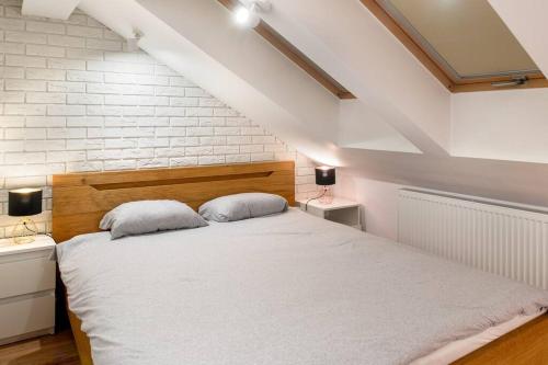 1 dormitorio con 1 cama blanca grande y 2 almohadas en Spacious and calm spot en Cracovia