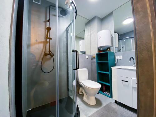 uma casa de banho com um chuveiro, um WC e um lavatório. em Agroturystyka noclegi u Moniki domek drewniany em Oboźna Droga Masłów