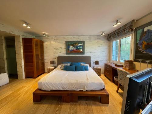 a bedroom with a bed and a television in it at ES CASTELL 05 by SOM Menorca in Fornells