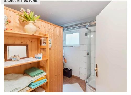 La petite salle de bains est pourvue d'un lavabo et d'une douche. dans l'établissement Weilheimer Ferienparadies, à Weilheim in Oberbayern