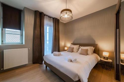 une chambre avec un grand lit et une grande fenêtre dans l'établissement Appart DELAVIGNE spacieux classé 4 étoiles parking privatif, à Aix-les-Bains