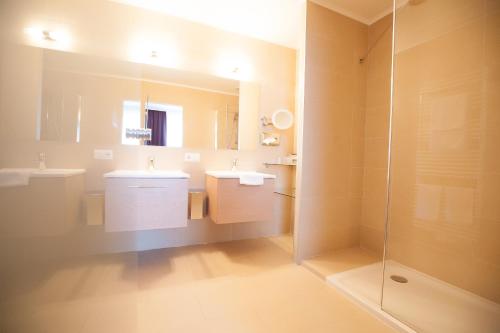 a bathroom with a sink and a glass shower at Das Reinisch Hotel - near Vienna Airport in Schwechat