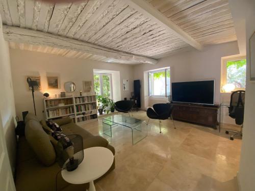 uma sala de estar com um sofá e uma televisão de ecrã plano em Chambre privée dans un MAS au centre du Village em Maubec