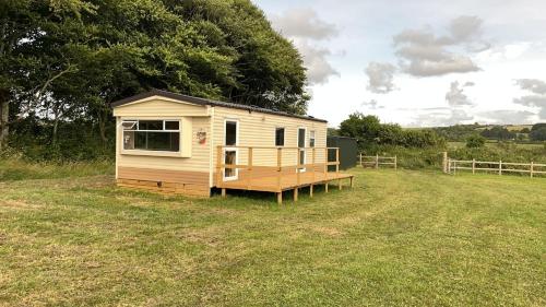 a tiny house sitting in a grass field at Tregoodwell Park Lodge in Camelford
