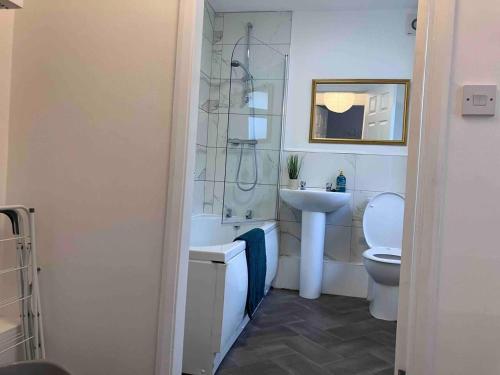 een badkamer met een wastafel, een toilet en een douche bij WiFi Free Secure Parking Stadium & City Centre in Sunderland