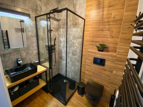 uma casa de banho com um chuveiro e um lavatório. em Apartament Loft Krynica-Zdrój em Krynica-Zdrój