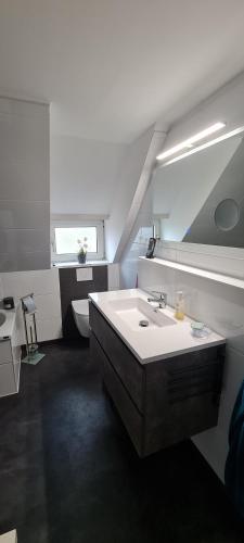 a white bathroom with a sink and a toilet at Ferienwohnung, Urlaub im Frankenwald in Konradsreuth