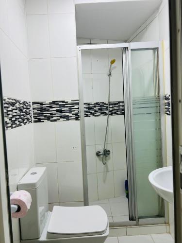 a bathroom with a shower and a toilet and a sink at Red House Fatih in Istanbul
