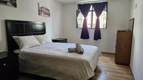 1 dormitorio con 1 cama grande y 2 ventanas en Casa Mexicapan Centro Zacatecas, en Zacatecas