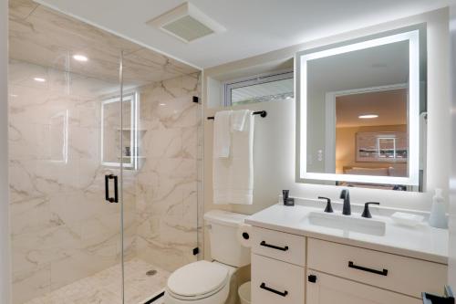 a bathroom with a shower and a toilet and a sink at Beautiful 3 BR Home with Workspace 20 Min to Boston in Bedford