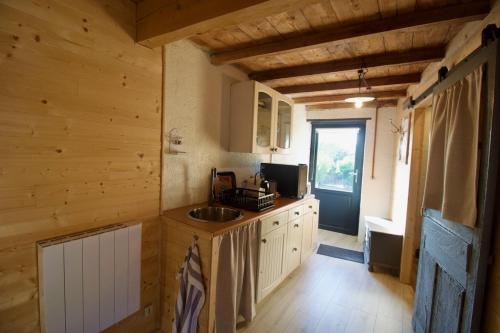 a kitchen with a sink in a wooden cabin at le dixneufcentvinschiroubles in Chiroubles