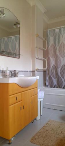 a bathroom with a sink and a tub with a shower at Casa dos Limões in Caldas da Rainha