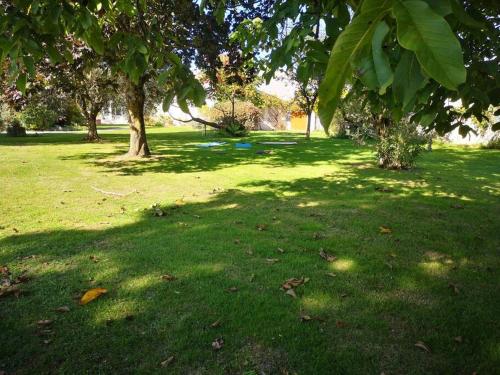 un parque verde con árboles y un frisbee en el césped en Studio neuf - accès SPA, SAUNA et Piscine Chauffée, en Saint-Vivien