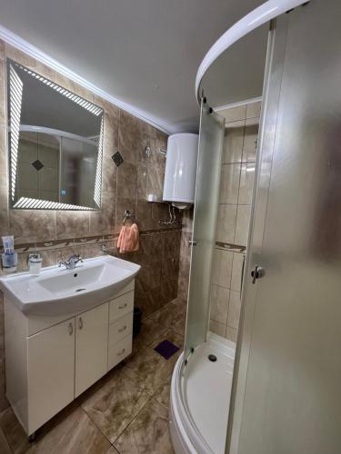 a bathroom with a sink and a shower and a toilet at Apartman 55 in Kikinda