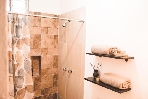 La salle de bains est pourvue d'une douche avec rideau de douche. dans l'établissement Departamento Alameda, climatizado (facturable)., à Tampico