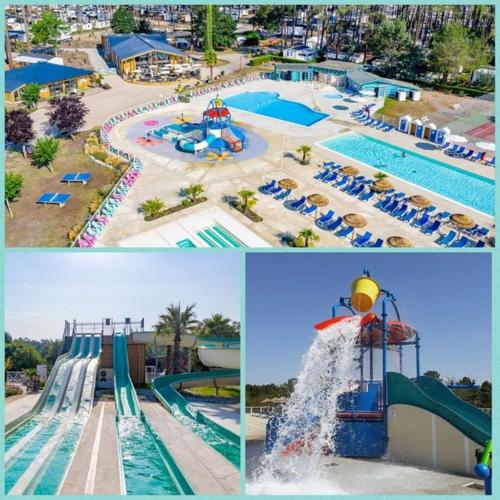 un collage de trois photos d'un parc aquatique dans l'établissement Sbvacances Entièrement équipé et tout confort grand 2ch avec suite parentale et 2 sdb dans camping 4 étoiles, à Saint-Julien-en-Born