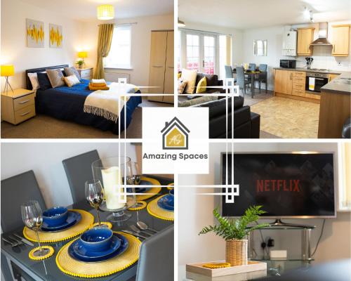 a collage of photos of a living room and a kitchen at Executive 2 Bed Flat in Stockton Heath by Amazing Spaces Relocations Ltd in Warrington