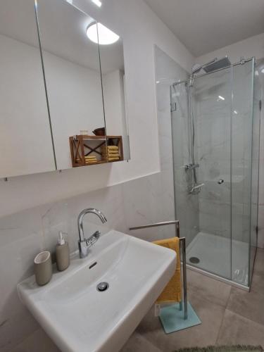 y baño blanco con lavabo y ducha. en Entzückendes Apartment im Zentrum, en Graz