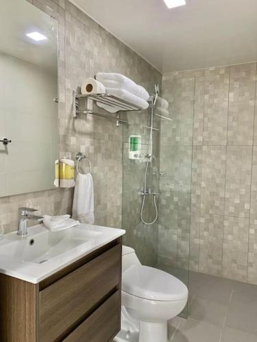 a bathroom with a toilet and a sink and a shower at Lovely City Center Condo in Los Prados