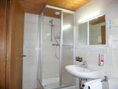y baño con ducha y lavamanos. en Haus Christian, en Klösterle am Arlberg