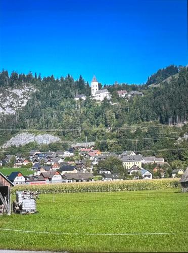 a small town on a hill with a green field at Gemütliche kleine Wohnung mit Garten in Unterburg