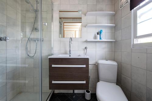 een badkamer met een douche, een toilet en een wastafel bij 26, gelegen in het bosrijke Oisterwijk met privé tuin! in Oisterwijk
