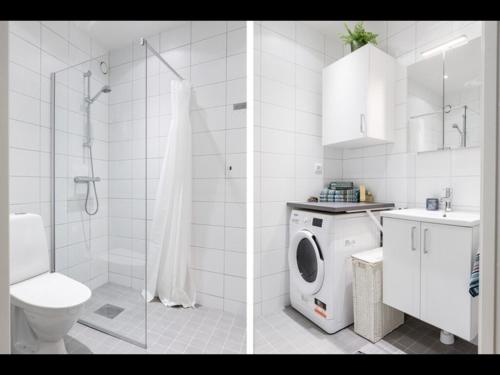 two pictures of a bathroom with a toilet and a shower at Fresh and cosy apartment in the center of the city in Stockholm