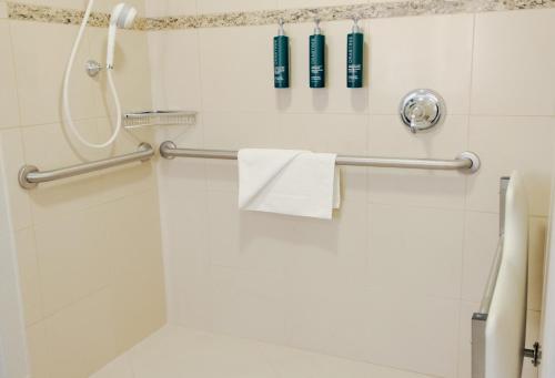 W łazience znajduje się prysznic i ręcznik. w obiekcie Hilton Portland Downtown w mieście Portland