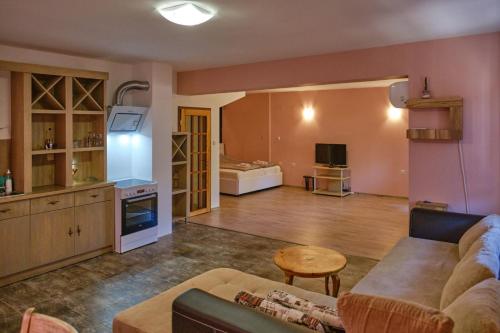 un ampio soggiorno con divano e cucina di Mushrooms house a Pleven