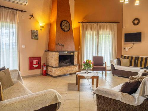 a living room with couches and a fireplace at Karyon Apartments in Kariófiton