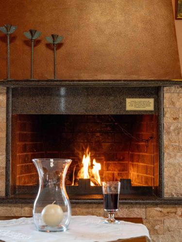 a table with a glass of wine and a fireplace at Karyon Apartments in Kariófiton