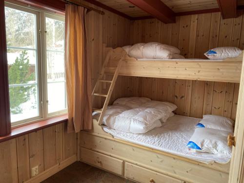 two bunk beds in a wooden room with windows at Fredheim Farm, Hemsedal - THE YARD in Hemsedal