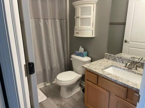 a bathroom with a white toilet and a sink at Luxury Townhome 2 Remodeled February 2021 in Bloomington