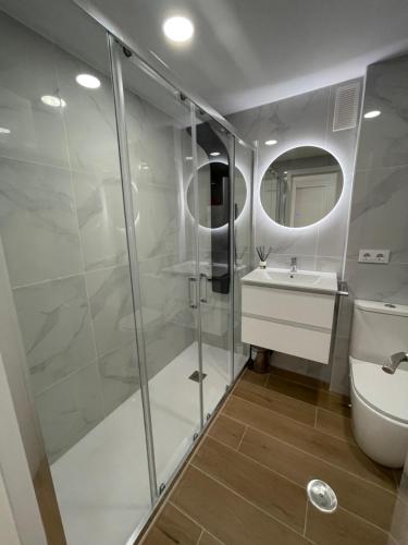 a bathroom with a shower and a sink and a toilet at Resitur Luxury Suit 514 in Seville