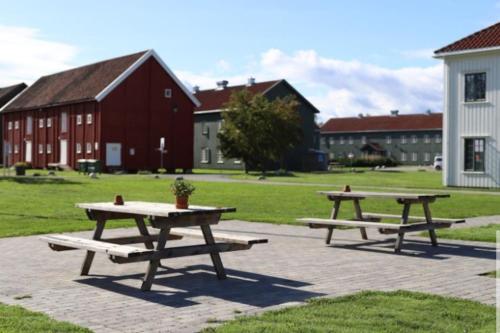 zwei Picknicktische auf einem Feld mit Gebäuden im Hintergrund in der Unterkunft Comfy studio apt by Oslo Airport in Garder