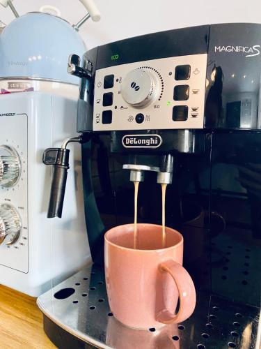 Příslušenství pro přípravu čaje a kávy v ubytování Mieuxqualhotel jacuzzi privatif La retro